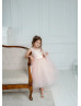 Pink Satin Tulle Beaded Tea Length Flower Girl Dress